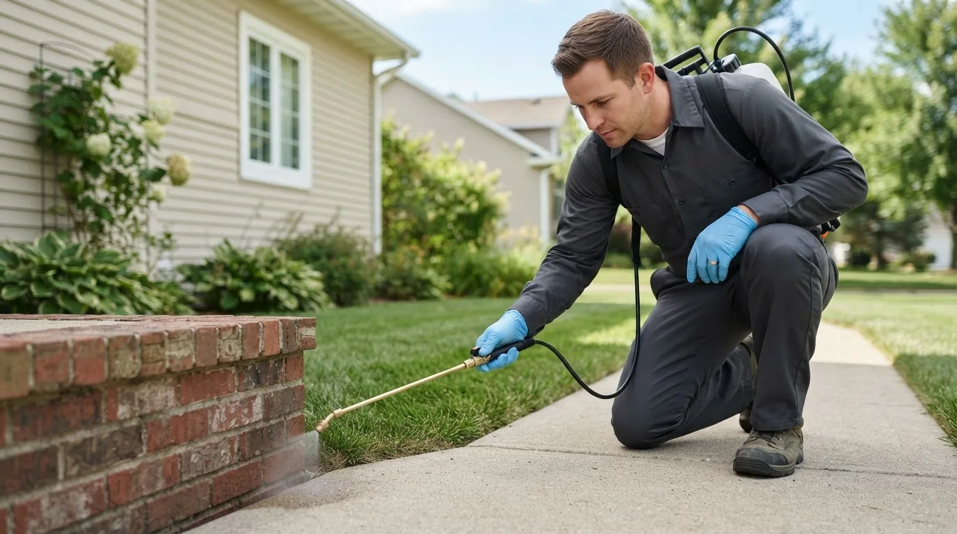 Pest control technician treating a home near Hobbs, IN