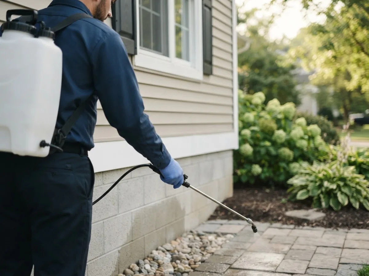 Pest control technician inspecting a home in Hobbs, IN